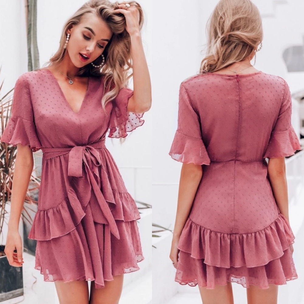 Dot Ruffle Hem Flounce Belted Dress